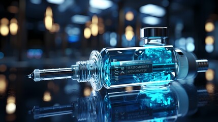 A close-up shot of a syringe and vial, with a medical cross symbol in the background, representing the administration of medication and the importance of healthcare, captured in high-definition detail