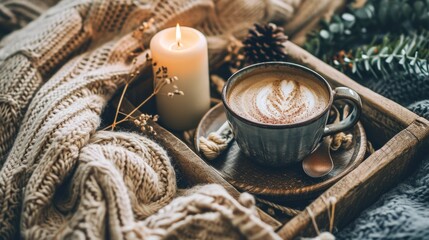 Cup of coffee and candle on rustic wooden serving tray in the cozy bed