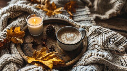Cup of coffee and candle on rustic wooden serving tray in the cozy bed
