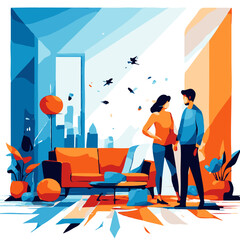 Vector illustration of a man and a woman in the living room.