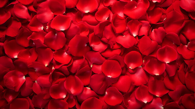 A large number of large and small red rose petals are scattered