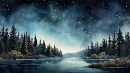Photo sur Plexiglas Forêt dans le brouillard Hand drawn cartoon beautiful spring night landscape illustration 