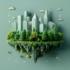 3D City Landscape on an Island with Green Trees in the Style of Organic Sculpting