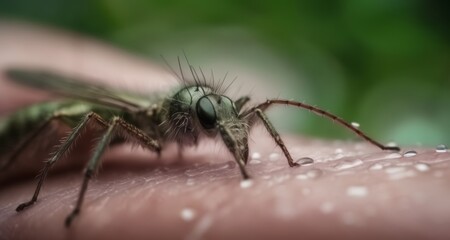  Close-up of a dragonfly on a human hand, with a blurred green background