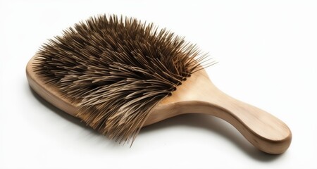  A close-up of a wooden hairbrush with bristles
