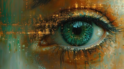 Close-up image of human eye with circuit board in the background. Unveil the complex sphere of technology, secure data, and network