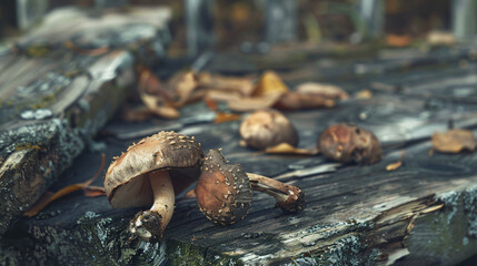 Wild ceps on the background of old wooden board. - obrazy, fototapety, plakaty