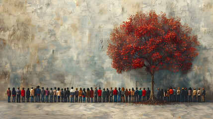 Crowd in Front of a Red Tree on Concrete Wall - obrazy, fototapety, plakaty