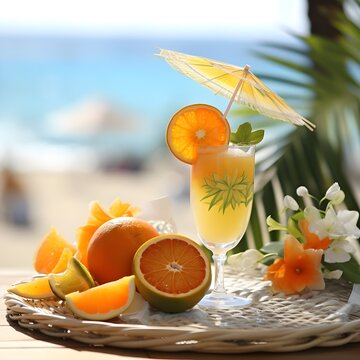 Naranja en rodajas maduras y vaso de bebida de jugo