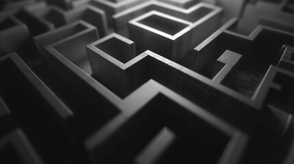 a 3D labyrinth image with a complex maze-like structure in monochrome, showcasing intricate pathways with a play of shadows and light for depth and texture - obrazy, fototapety, plakaty