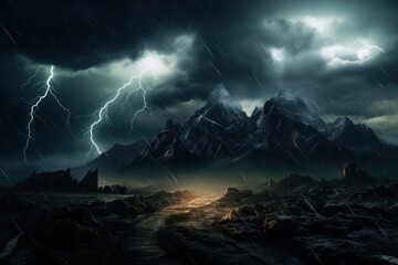 wild rocky mountain land, among sharp mountain pikes, concentration of energy, natural rage with strong numerous lightning strikes - obrazy, fototapety, plakaty