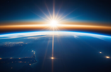 Beautiful blue sunrise, view of Earth from space