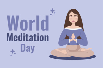 Vector poster for the holiday: World Meditation Day in cartoon style.