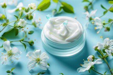 Fototapeta na wymiar Organic skincare cream with fresh white flowers, symbolizing natural beauty and wellness.
