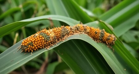 Fototapeta premium Bright yellow corn kernels on a green plant
