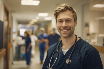 Smiling male nurse in blue scrubs with stethoscope, standing confidently in a busy hospital corridor.

 - obrazy, fototapety, plakaty