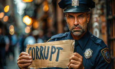Stern faced police officer in uniform, symbolically holding a sign stating Corrupt, representing issues of law enforcement corruption and the need for accountability and justice
