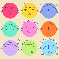 Colorful vector set depicting different people's emotions in flat style. Sadness, joy, anger, neutral