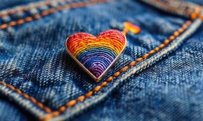 Rainbow colored heart pin on blue denim fabric, a subtle statement of LGBTQ+ pride and support, conveying a message of love and equality