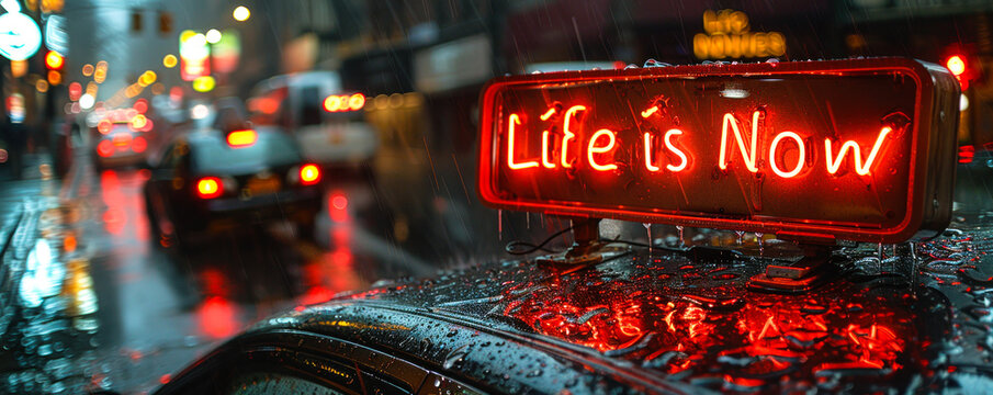 Illuminated neon sign in a rainy cityscape boldly declaring Life is Now, emphasizing the concept of living in the moment and the vibrancy of life
