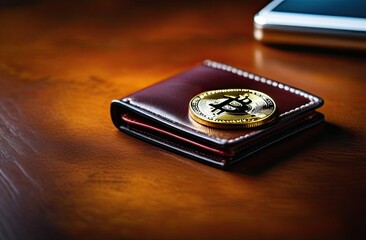 A bitcoin coin lies on a wallet on a wooden table. Expensive cryptocurrency, mining. Close-up.