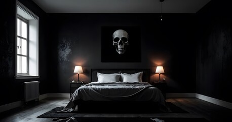 An artfully dark bedroom setting, punctuated by a striking skull artwork above the bed. The subtle lighting creates a moody and introspective atmosphere. - obrazy, fototapety, plakaty