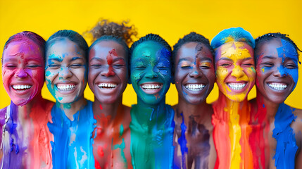 Group of Colorfully Painted Women Smiling Together in Vibrant Style