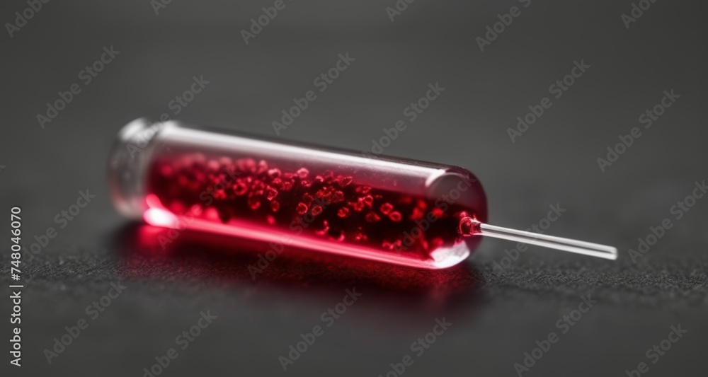 Poster a single syringe with a red liquid, illuminated by a light source
