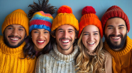 Group of Happy Friends Smiling in Colorful Beanies - obrazy, fototapety, plakaty