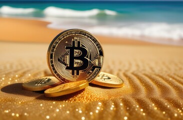 Concept. Bitcoin gold coins lie on the sand, near the ocean. Expensive cryptocurrency, mining. Close-up.