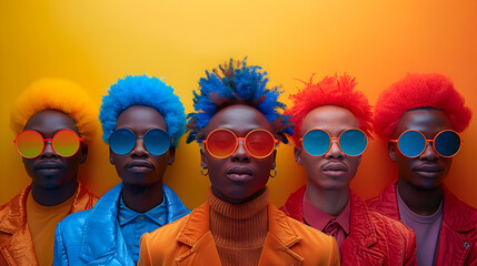 Group of Men in Afrofuturistic Style with Colorful Wigs and Sunglasses