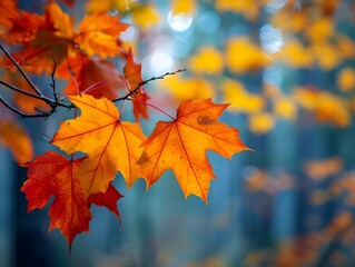 Fototapeta premium Beautiful orange fall leaves autumn landscape fall background