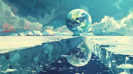  Surreal Melting Glaciers with Reflective Earth Globe, Climate Change Concept © aimodels24