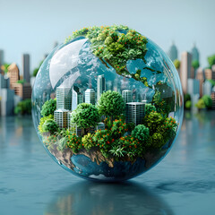 Sustainable Architecture Globe with City and Trees in a Greenery Sphere - obrazy, fototapety, plakaty