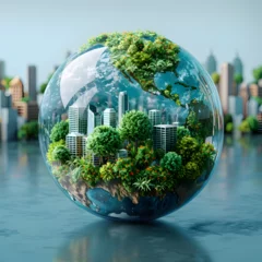 Fotobehang Sustainable Architecture Globe with City and Trees in a Greenery Sphere © Ph2023AI