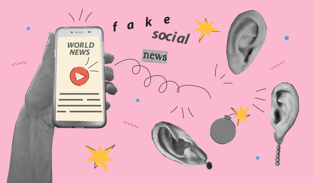 Halftone collage Fake Sosial News concept. Hand, mobile phone, people's ears and vector elements for poster, banner and social media.