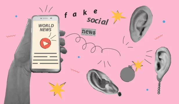 Halftone collage Fake Sosial News concept. Hand, mobile phone, people's ears and vector elements for poster, banner and social media.
