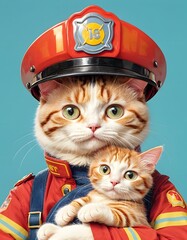 A kitten with striking amber eyes stands proudly in a firefighter's helmet, symbolizing hope and bravery on a vibrant teal background. The colorful setting highlights the kitten's role as a tiny