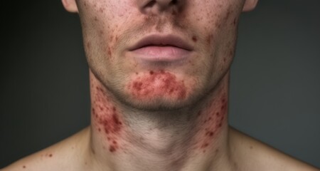  Close-up of a man's face with red spots on his neck and chest