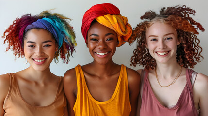 Three Young Women Smiling in Colorful Headscarves - obrazy, fototapety, plakaty