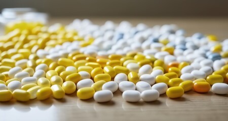  A colorful assortment of pills on a wooden surface