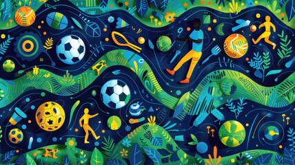 Sports and Games Pattern in Blue and Green: A Sporty and Fun Design