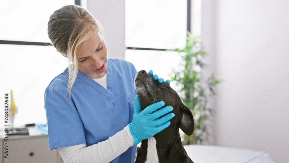 Canvas Prints A caring young woman veterinarian in scrubs examines a black labrador in a bright veterinary clinic room