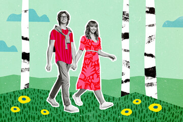 Creative artwork graphics collage painting of charming smiling couple enjoying walking summer...