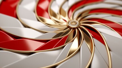 Futuristic geometric background with rotating circles in 3d tech style, gold, white, red palette