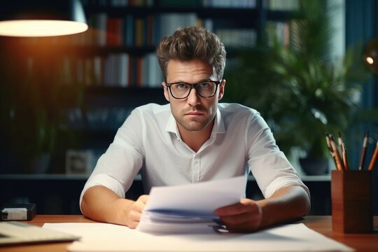 A worried young man businessman, accountant reviews documents, business agreements