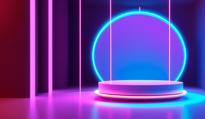 abstract background, neon light, round pedestal for product presentation, neon light, ultraviolet
