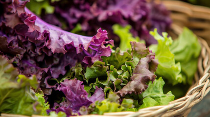 Obraz premium A closeup of a basket overflowing with bright purple and green lettuce leaves their textures and shades mingling together like a painters palette beckoning with promises of