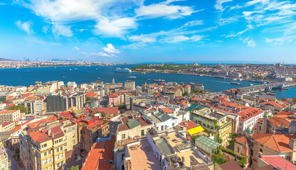 Fototapeta na wymiar Aerial cityscape of istanbul with prominent landmarks and the bosphorus strait on a clear day from Galata Tower aerial view in Turkiye
