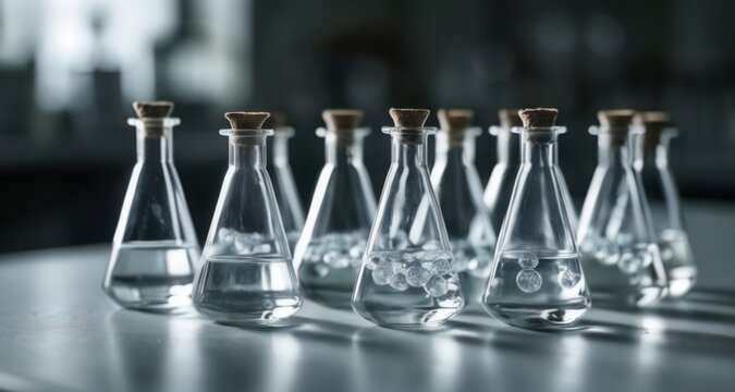  Clear glass beakers with stoppers, ready for scientific experiments
